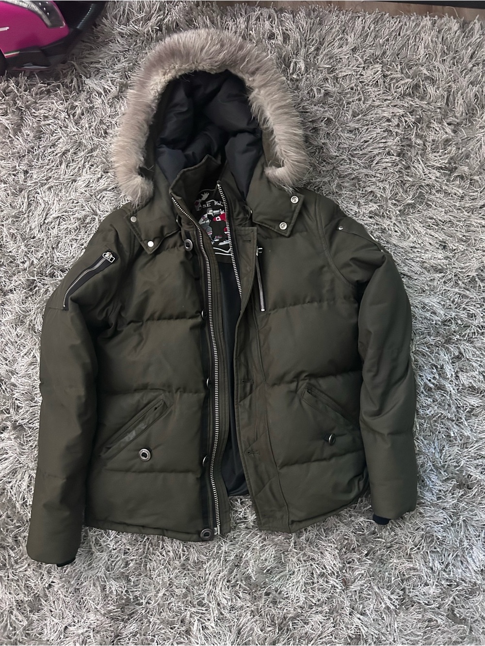Moose Knuckles Olive Green Puffer Jacket with Faux Fur Trim Hood